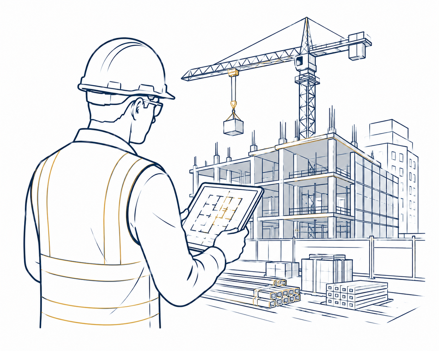 Site manager checking a building plan on a tablet beside a building under construction
